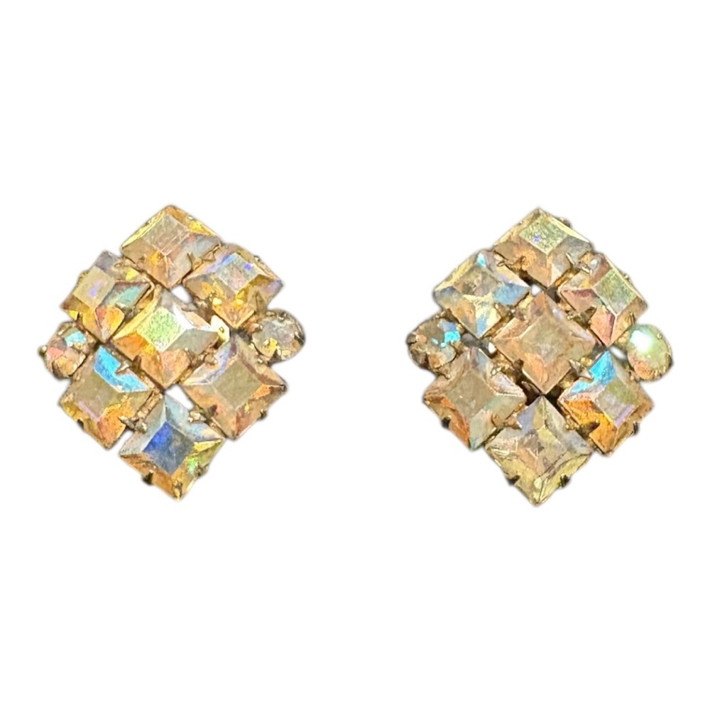 WEISS 1950's Vintage Iridescent AB Rhinestone Prong set Clip On Earrings JB5